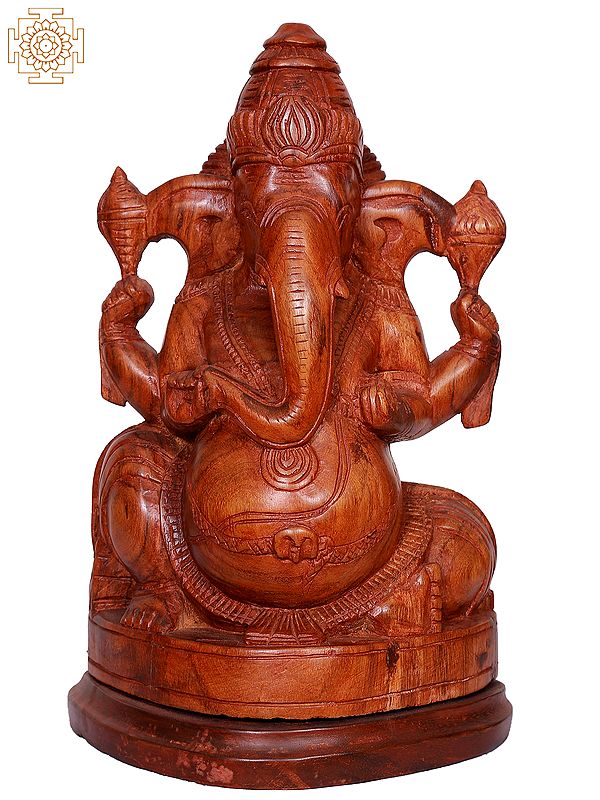 13" Seated Lord Vinayaka Wooden Sculpture