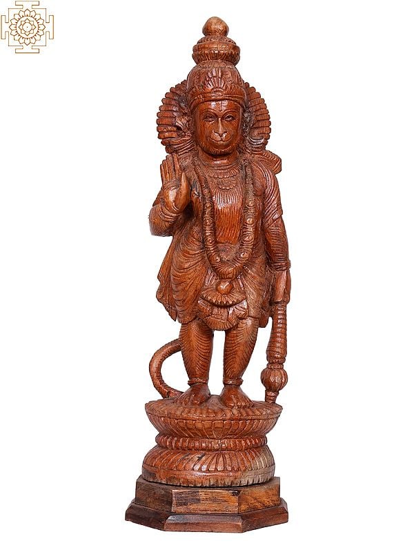 17" Wooden Standing Lord Hanuman in Blessing Posture