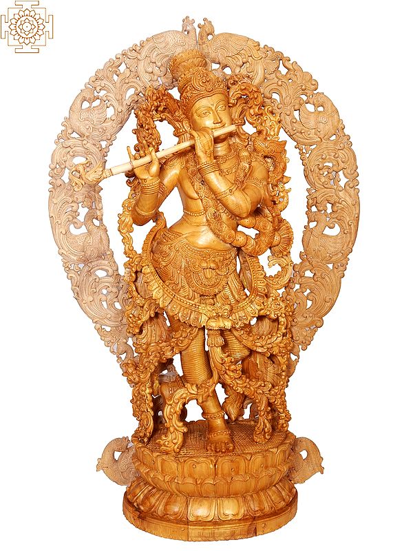 40"  Large Wooden Standing Lord Krishna Playing Flute with Prabhavali