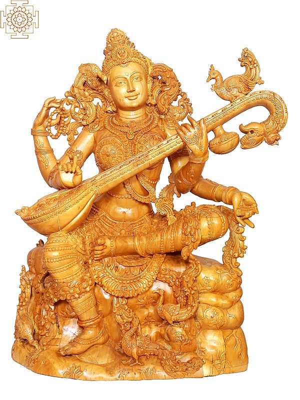 "Veenavadini"  Large Wooden Sitting Goddess Saraswati Playing Veena