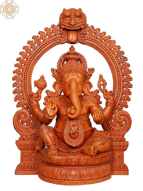 32"  Large Wooden Sitting Lord Ganesha with Kirtimukha Prabhavali