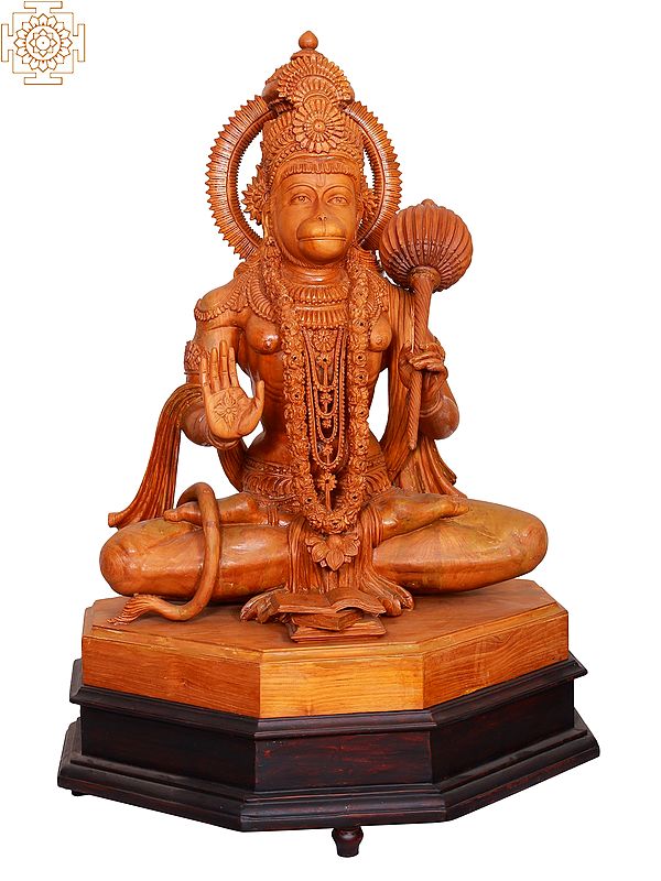 31"  Large Wooden Blessing Lord Hanuman Seated on Pedestal