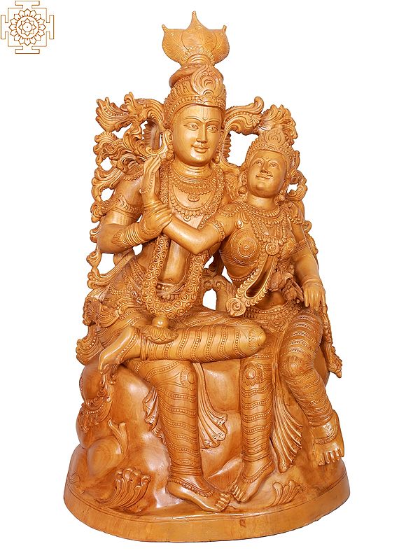 Large Wooden Sitting Radha Krishna Figurine