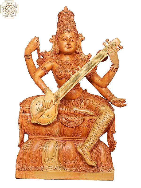 24" Wooden Devi Saraswati Sculpture Playing Veena