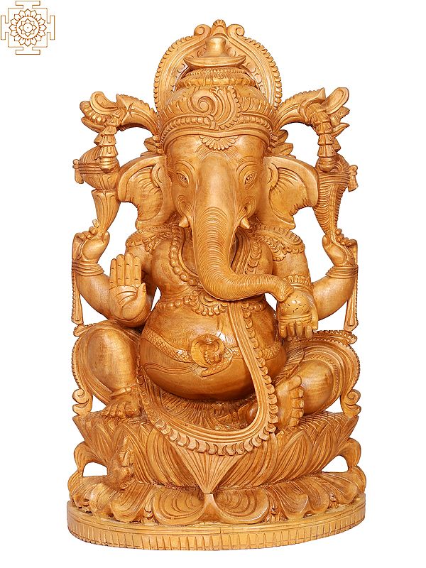 20" Wooden Lord Ganapati Seated on Lotus