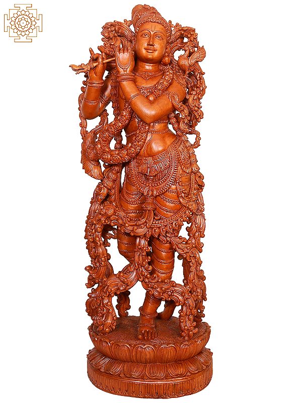 "Murli Manohara" Large Wooden Standing Lord Krishna Playing Flute
