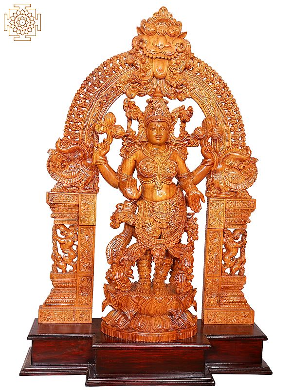 49"  Large Wooden Standing Goddess Lakshmi with Kirtimukha Prabhavali