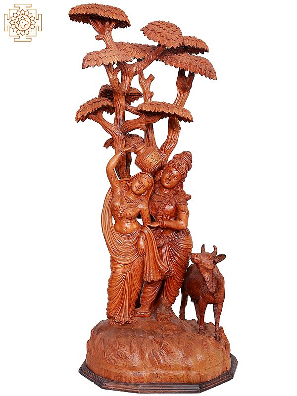 Large Wooden Standing Radha Krishna Under Tree with Cow