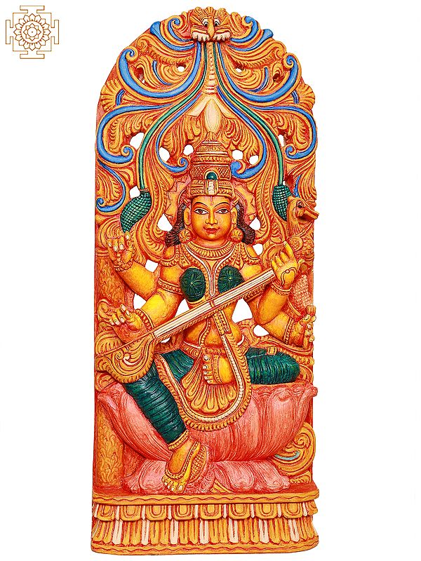36"  Large Wooden Colorful Sitting Goddess Saraswati Playing Veena
