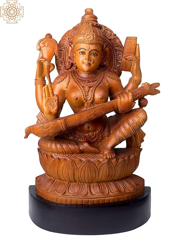 19" Wooden Goddess Saraswati with Sitara