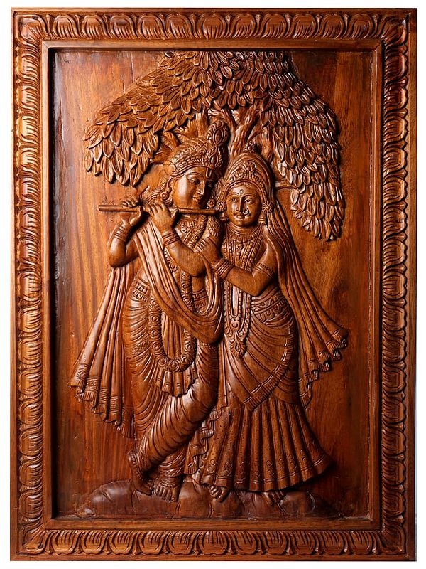 28" Wooden Lord Krishna Playing Basuri with Radha Wall Panel