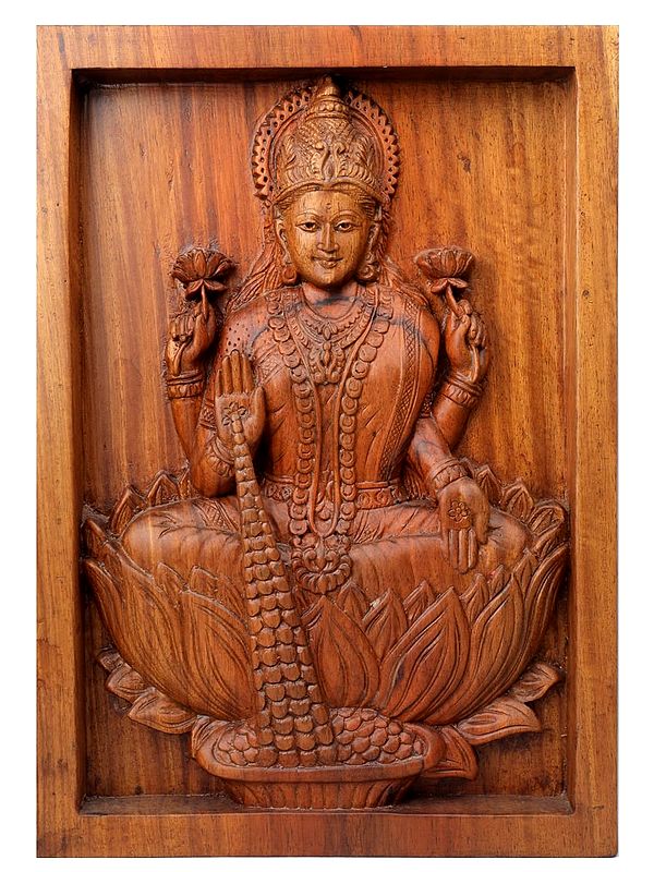 Wooden Goddess Lakshmi Seated on Lotus Wall Panel