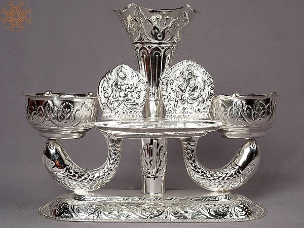 9" Silver Ganesha-Lakshmi Tikadani from Nepal