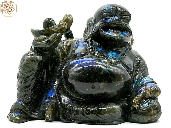 6" Small Laughing Buddha Carved in Labradorite Gemstone