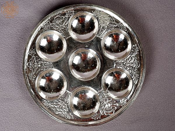 Silver carved Puja Thali (Saptapala) from Nepal