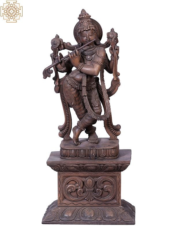 30" Wooden Lord Krishna Idol Standing on High Pedestal