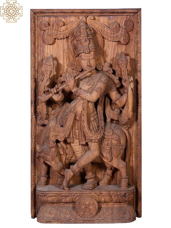 38" Large Wooden Lord Krishna with Cow