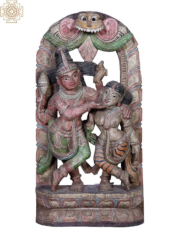 28" Wooden Lord Shiva Dancing with Goddess Parvati with Kirtimukha (Ananda Tandava_)