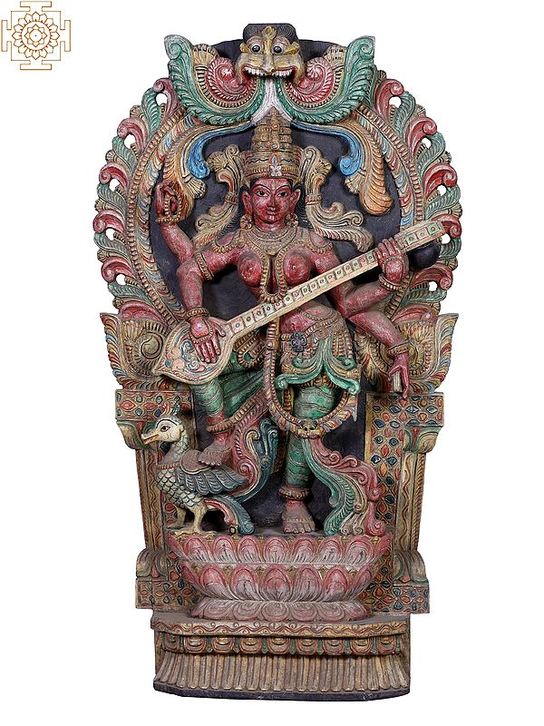 43" Large Wooden Goddess Saraswati Playing Sitar with Peacock