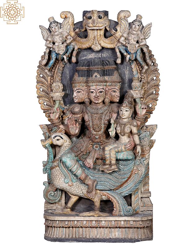 48" Large Wooden Lord Brahma with Goddess Saraswati Seated on Swan