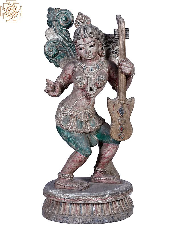 24" Wooden Standing Lady Holding Sitar