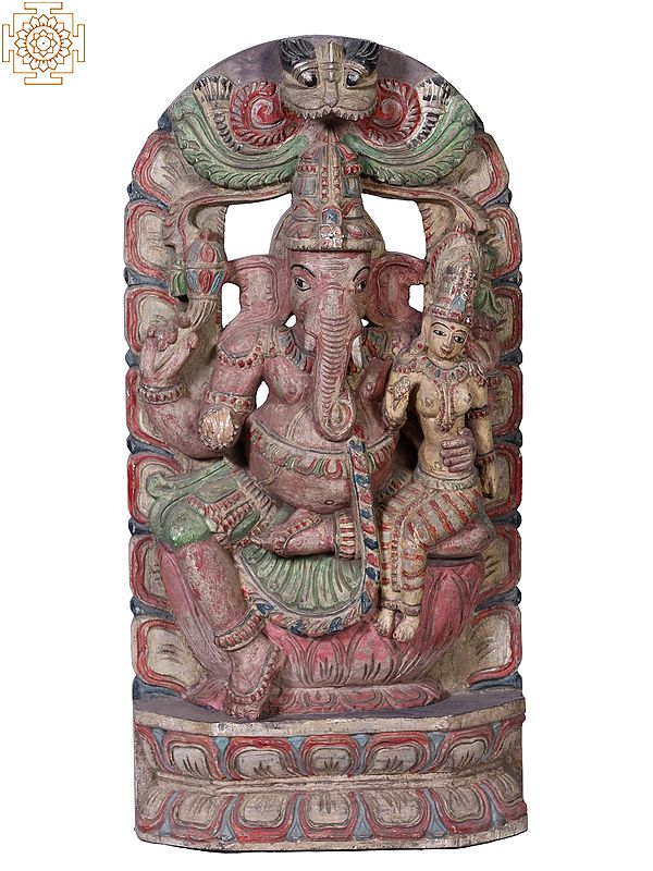 24" Wooden Shakti Ganapati Idol with Kirtimukha