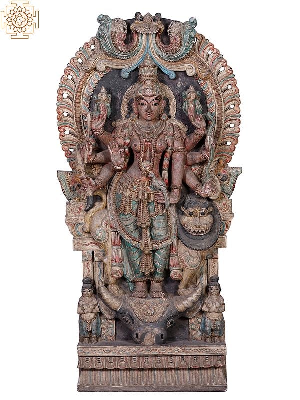 Ashtabhujadharini Goddess Durga Standing Victoriously on the Head of Buffalo Demon with Kirtimukha Aureole | Wooden Wall Panel