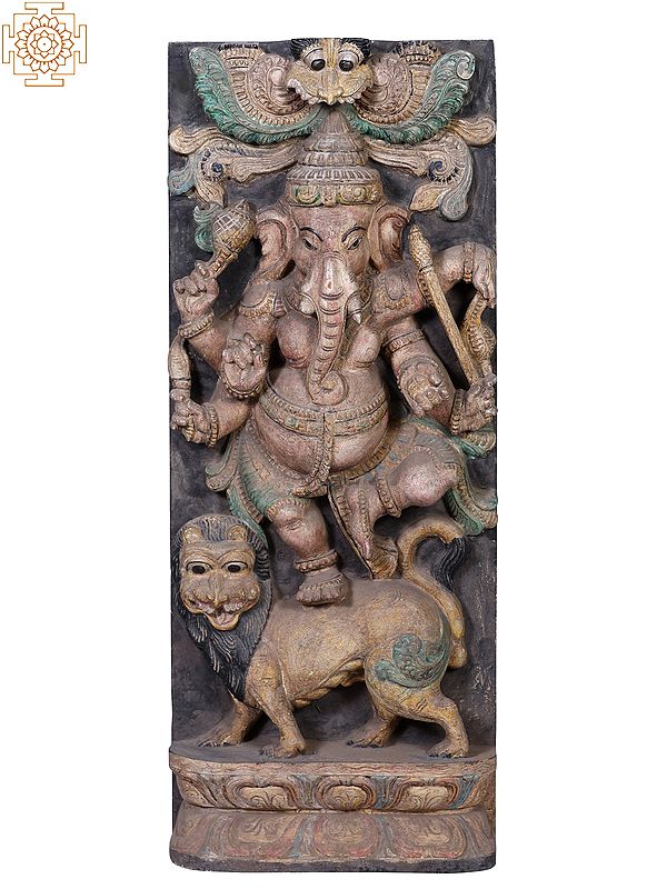 36" Large Wooden Lord Ganesha Standing on Lion