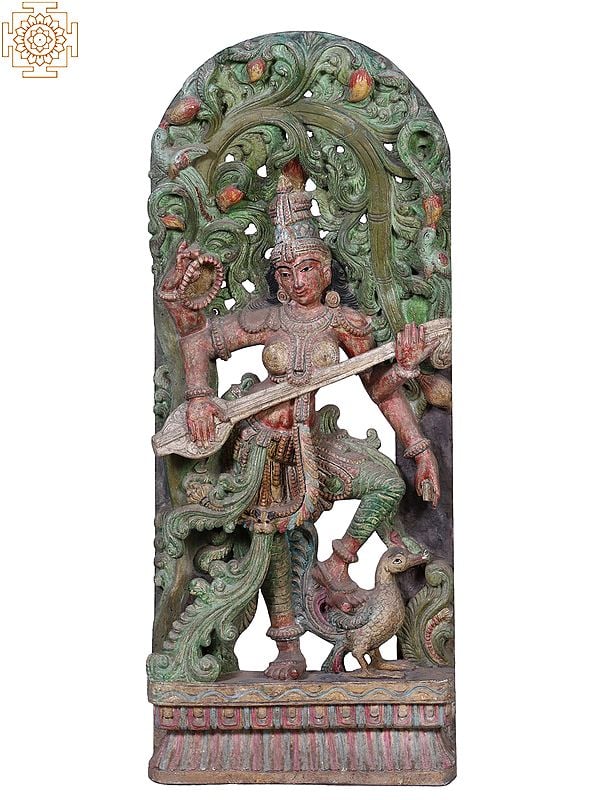 36" Large Wooden Standing Goddess Saraswati