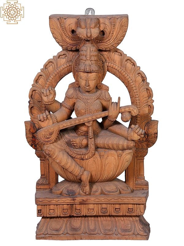 26" Wooden Goddess Saraswati Seated on Kirtimukha Throne