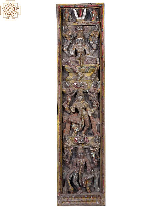 48" Large Wooden Lord Vishnu Seated in Different Forms Panel