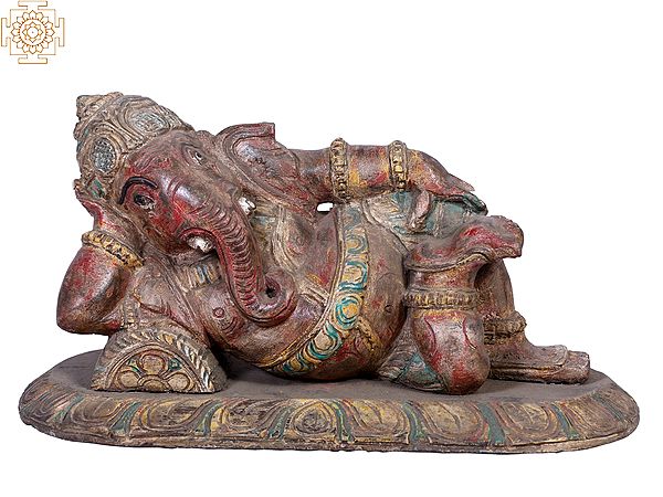15" Lord Ganesha Wooden Statue Relaxing on his Asan