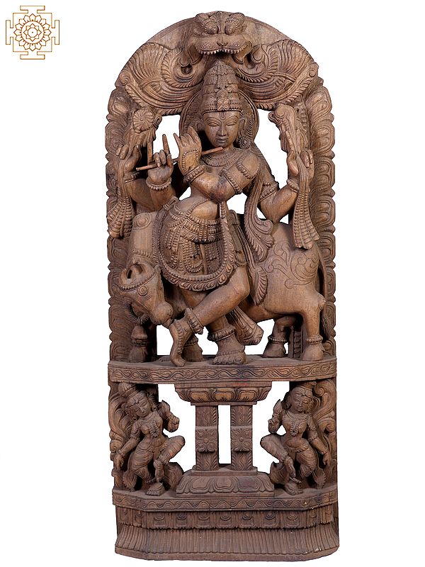 42" Wooden Shri Krishna Playing Basuri with Cow