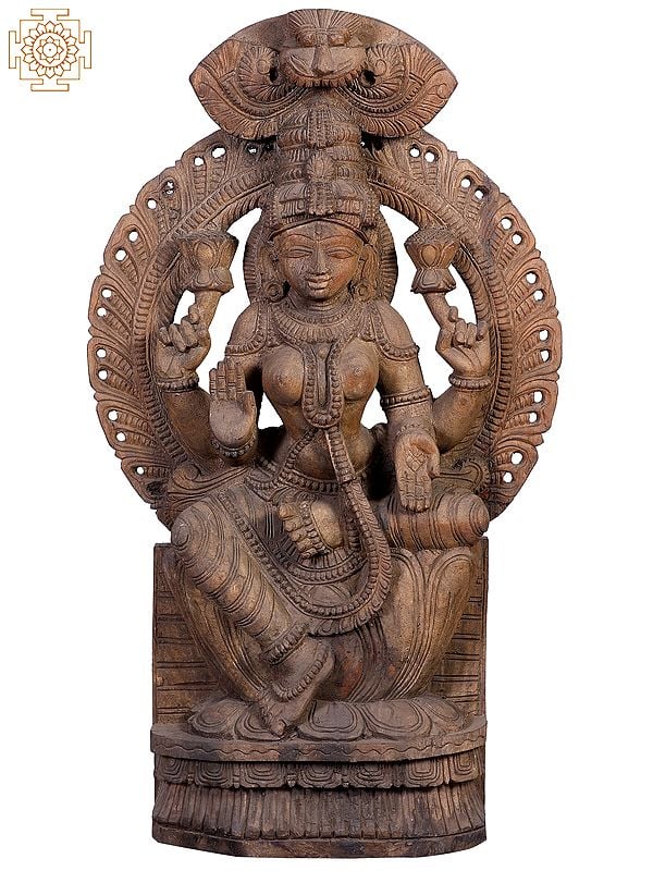 36" Wooden Sitting Goddess Lakshmi with Kirtimukha