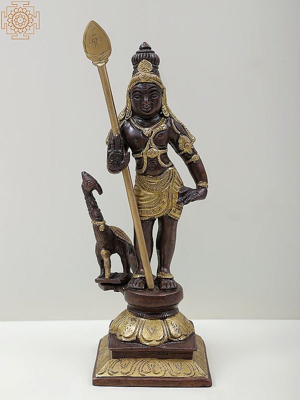 10'' Brass Standing Lord Karttikeya (Murugan) with Peacock