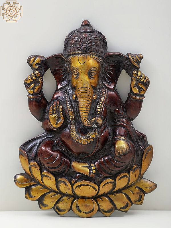 10" Brass Lord Ganesha Seated On Lotus Wall Hanging