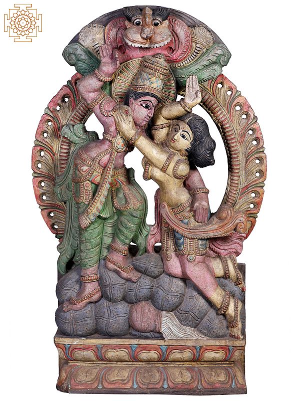 36"  Large Wooden Radha Krishna with Kirtimukha Prabhavali