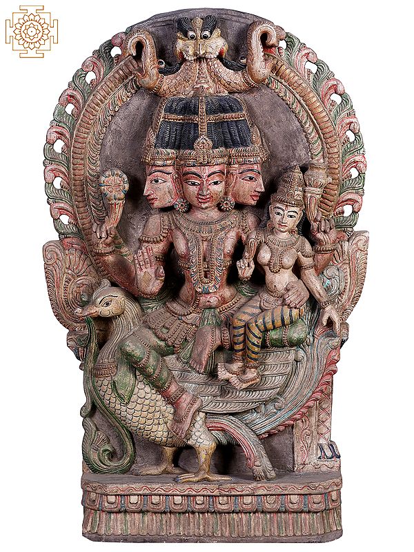36"  Large Wooden Sitting Lord Brahma with Goddess Saraswati