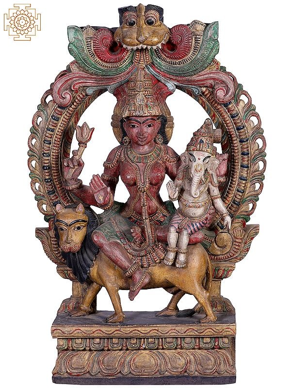 36"  Large Wooden Devi Parvati Seated on Lion with Bal Ganesha