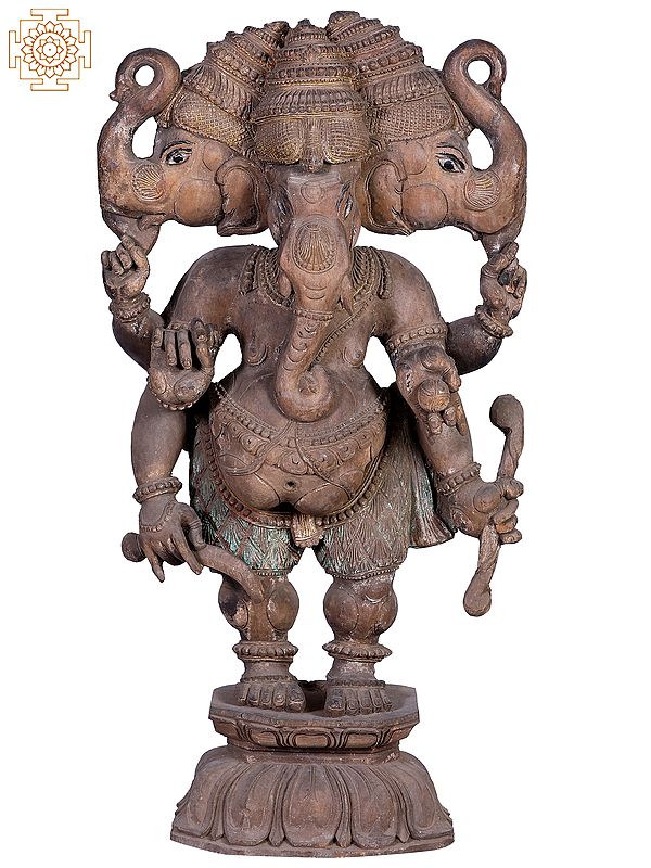34"  Large Wooden Standing Three Heads Lord Ganesha