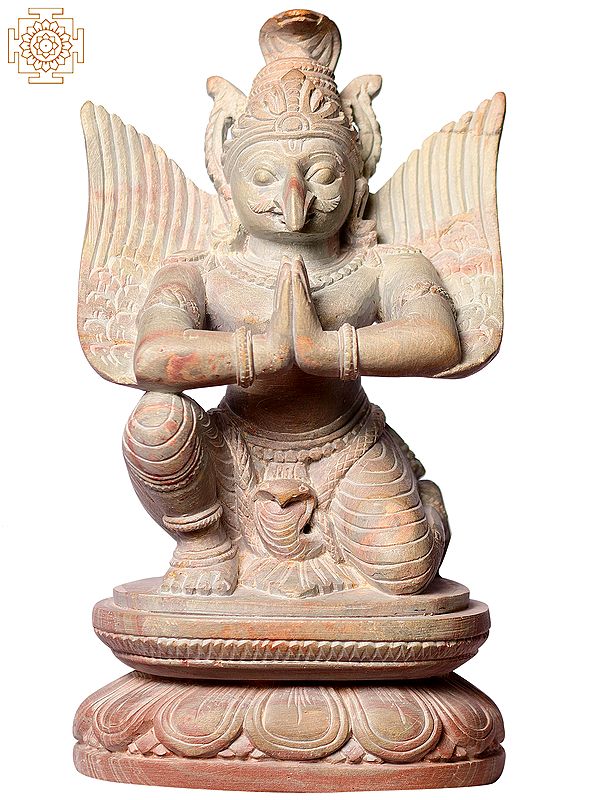 6" Lord Garuda Pink Stone Statue in Namaskar Mudra