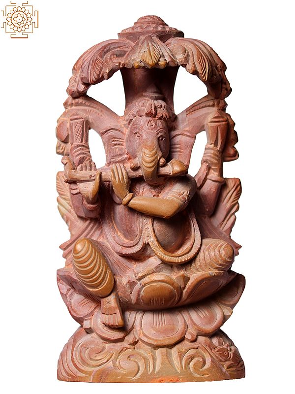 4" Small Pink Stone Lord Ganesha Playing Flute Seated On Lotus Pedestal