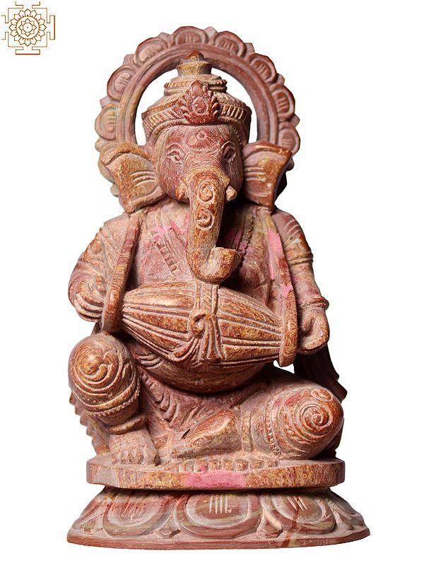 4" Small Pink Stone Lord Ganesha Playing Dholak