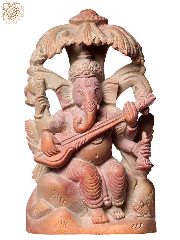 4" Small Pink Stone Lord Ganesha Playing Sitar Seated Under Tree