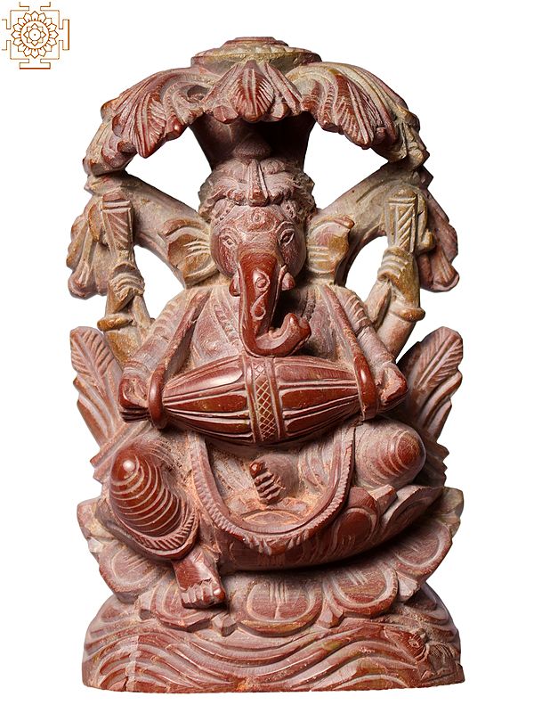 4" Small Pink Stone Lord Ganesha Playing Dholak Seated Under Tree