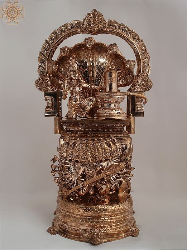 18" Bronze Nagapooshani Amman Idol with Shiva Lingam and Ravana from Swamimalai