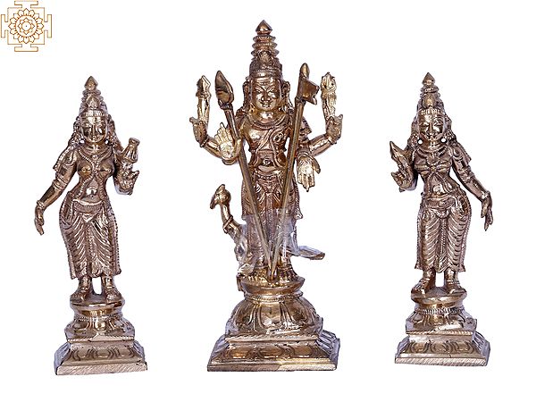 7" Lord Karttikeya with Devasena & Valli | Madhuchista Vidhana (Lost-Wax) | Panchaloha Bronze from Swamimalai