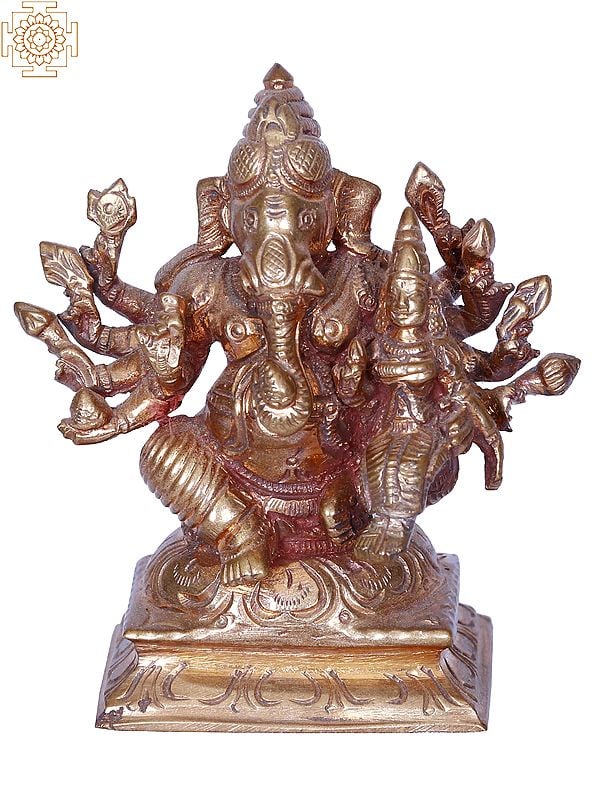 4" Ten Hands Sitting Lord Ganesha with Devi Lakshmi | Madhuchista Vidhana (Lost-Wax) | Panchaloha Bronze from Swamimalai