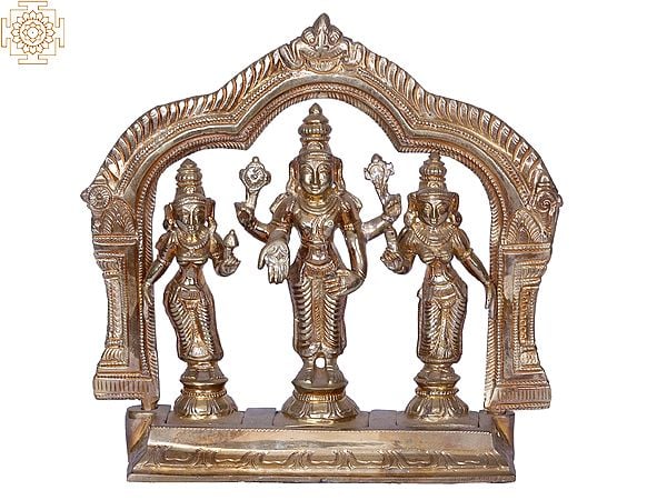 7" Lord Vishnu with Sridevi & Bhudevi | Madhuchista Vidhana (Lost-Wax) | Panchaloha Bronze from Swamimalai