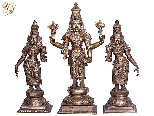 26" Lord Vishnu Idol with Sridevi & Bhudevi | Panchaloha Bronze from Swamimalai